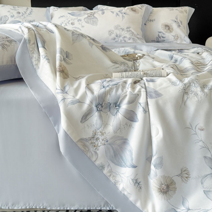 91家纺网 家纺一手货源 找家纺 莱豫家纺 2026新款莱赛尔天丝夏被四件套 春意然蓝