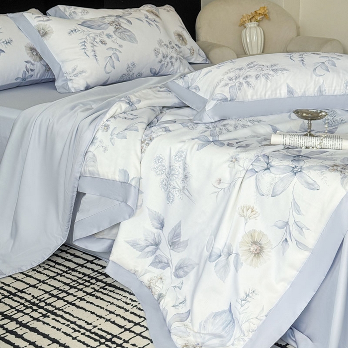 91家纺网 家纺一手货源 找家纺 莱豫家纺 2026新款莱赛尔天丝夏被四件套 春意然蓝