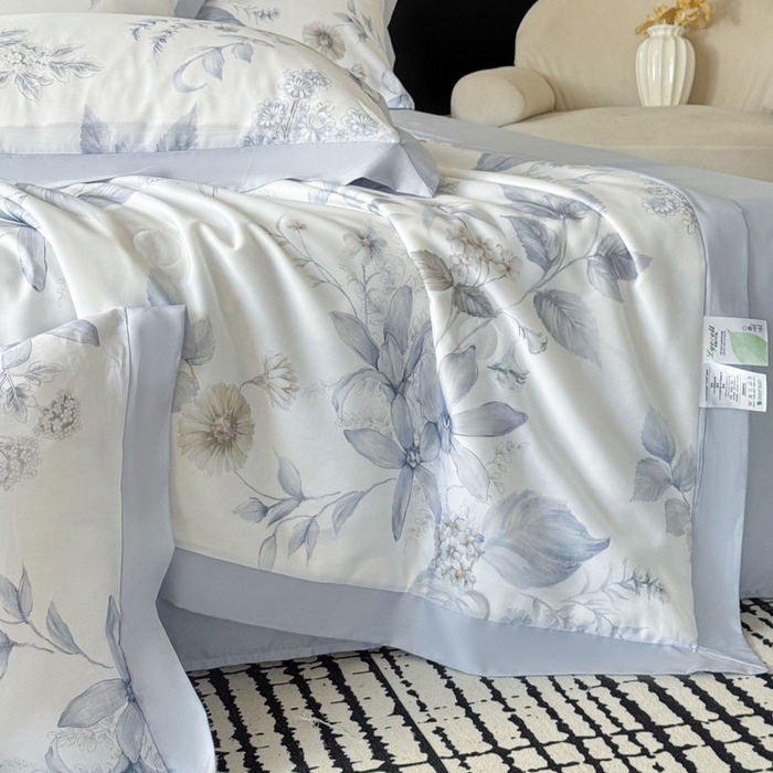 91家纺网 家纺一手货源 找家纺 莱豫家纺 2026新款莱赛尔天丝夏被四件套 春意然蓝