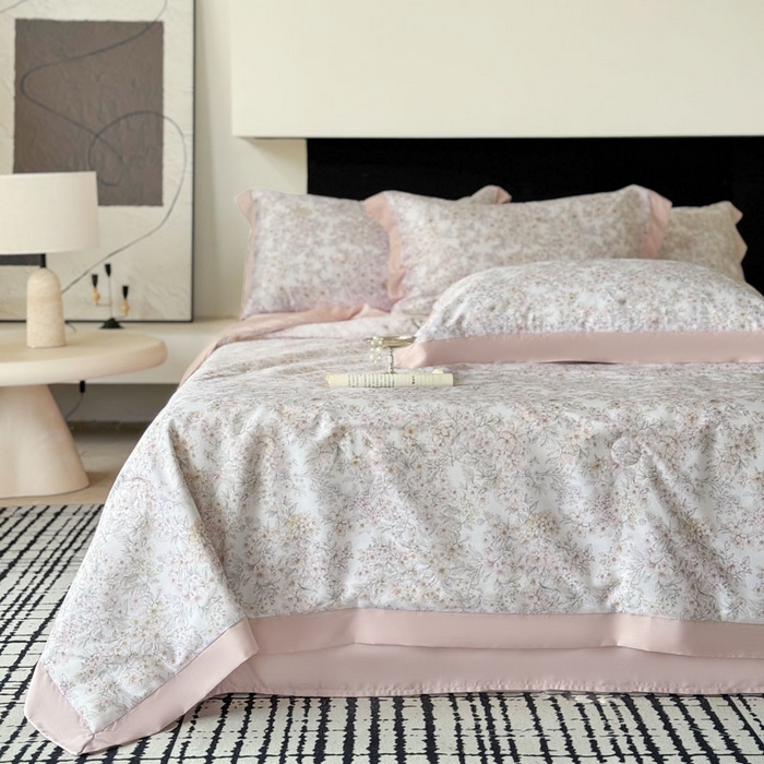 91家纺网 家纺一手货源 找家纺 莱豫家纺 2026新款莱赛尔天丝夏被四件套 花漾里粉