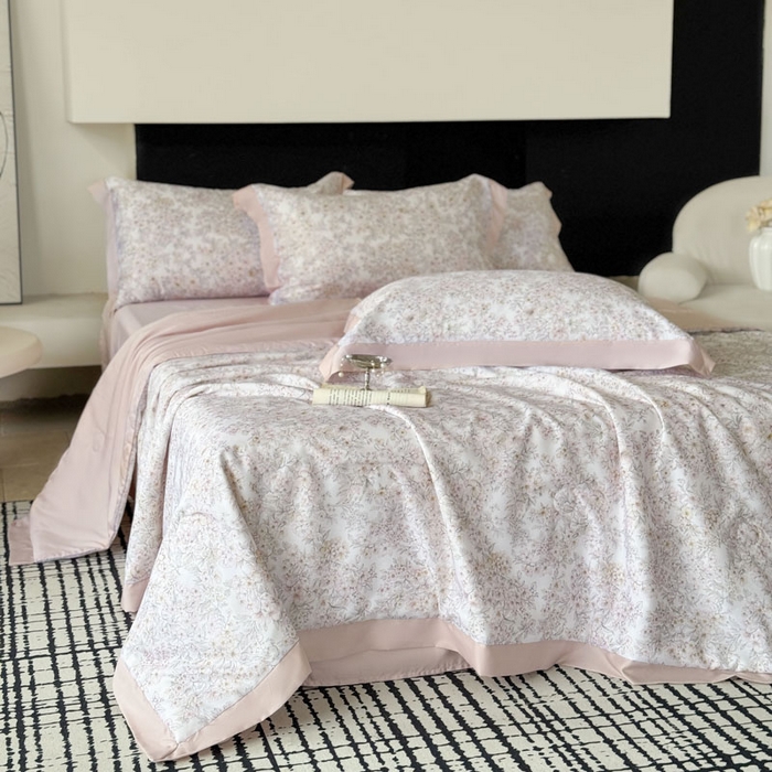 91家纺网 家纺一手货源 找家纺 莱豫家纺 2026新款莱赛尔天丝夏被四件套 花漾里粉