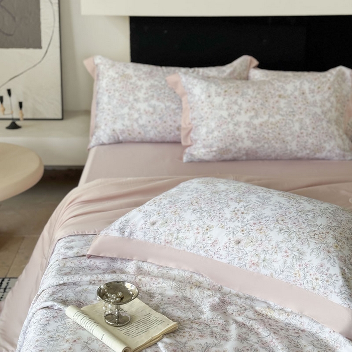 91家纺网 家纺一手货源 找家纺 莱豫家纺 2026新款莱赛尔天丝夏被四件套 花漾里粉