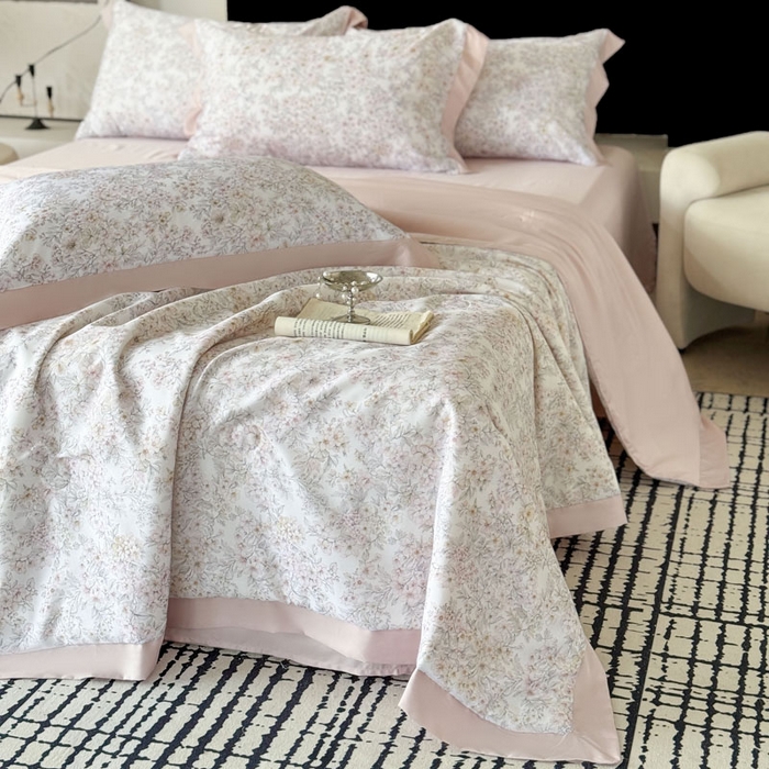 91家纺网 家纺一手货源 找家纺 莱豫家纺 2026新款莱赛尔天丝夏被四件套 花漾里粉