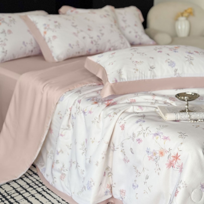 91家纺网 家纺一手货源 找家纺 莱豫家纺 2026新款莱赛尔天丝夏被四件套 花野初柠粉