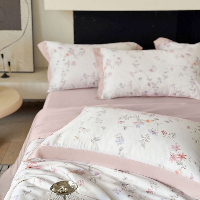 91家纺网 家纺一手货源 找家纺 莱豫家纺 2026新款莱赛尔天丝夏被四件套 花野初柠粉