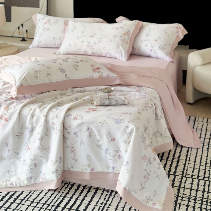 91家纺网 家纺一手货源 找家纺 莱豫家纺 2026新款莱赛尔天丝夏被四件套 花野初柠粉