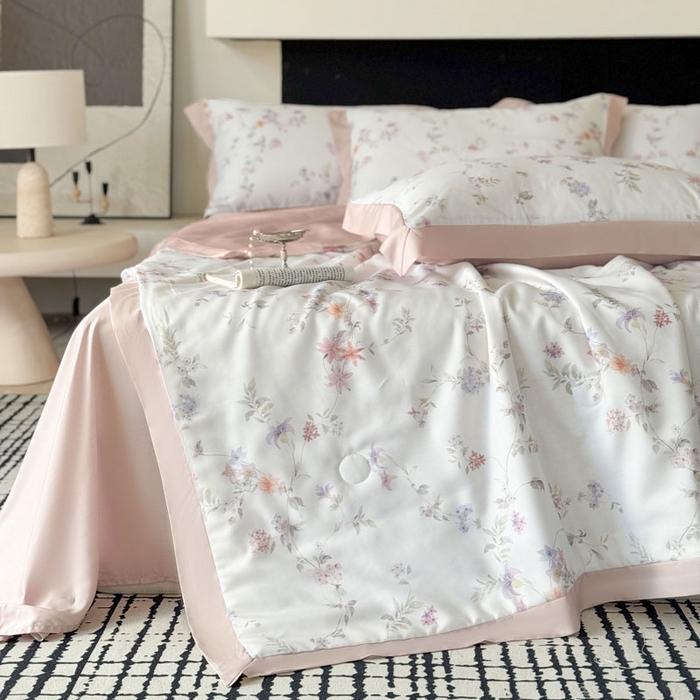 91家纺网 家纺一手货源 找家纺 莱豫家纺 2026新款莱赛尔天丝夏被四件套 花野初柠粉