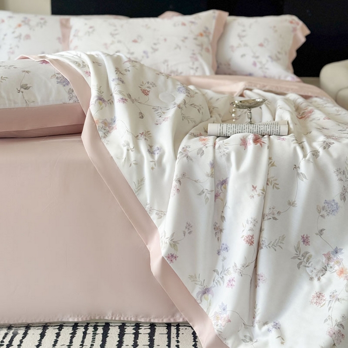 91家纺网 家纺一手货源 找家纺 莱豫家纺 2026新款莱赛尔天丝夏被四件套 花野初柠粉