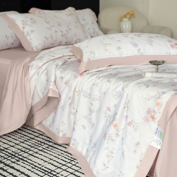 91家纺网 家纺一手货源 找家纺 莱豫家纺 2026新款莱赛尔天丝夏被四件套 花野初柠粉