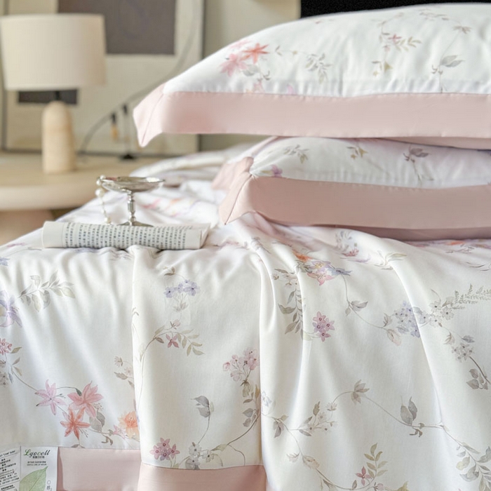 91家纺网 家纺一手货源 找家纺 莱豫家纺 2026新款莱赛尔天丝夏被四件套 花野初柠粉