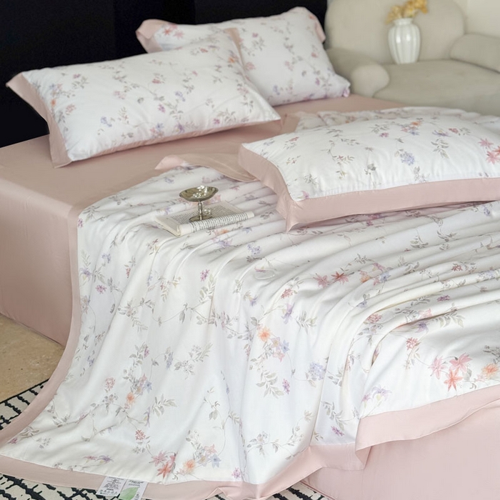 91家纺网 家纺一手货源 找家纺 莱豫家纺 2026新款莱赛尔天丝夏被四件套 花野初柠粉