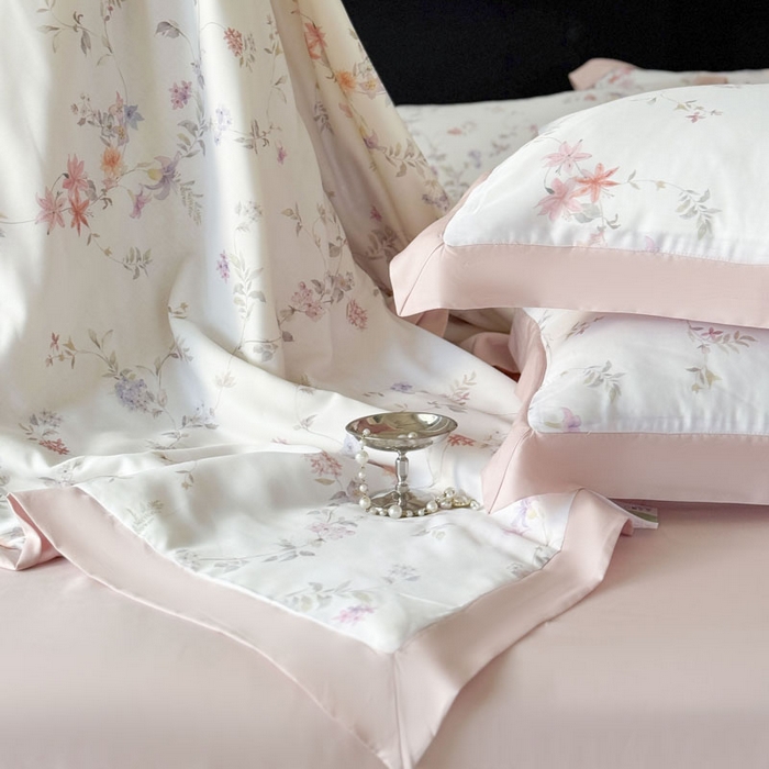 91家纺网 家纺一手货源 找家纺 莱豫家纺 2026新款莱赛尔天丝夏被四件套 花野初柠粉