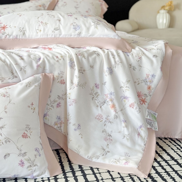 91家纺网 家纺一手货源 找家纺 莱豫家纺 2026新款莱赛尔天丝夏被四件套 花野初柠粉