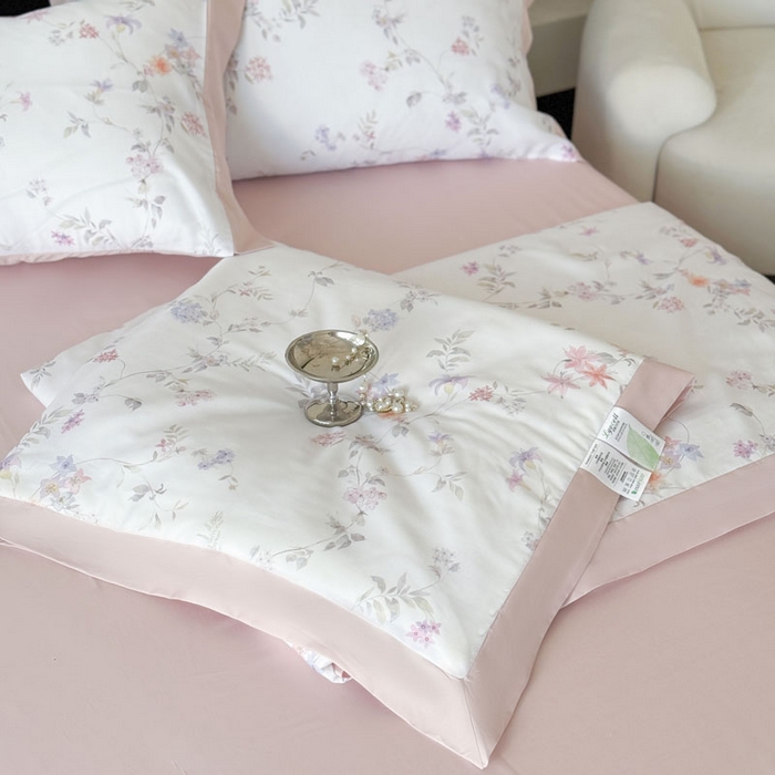 91家纺网 家纺一手货源 找家纺 莱豫家纺 2026新款莱赛尔天丝夏被四件套 花野初柠粉