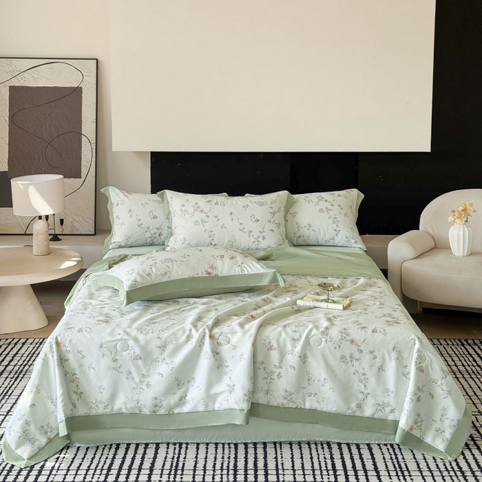 莱豫家纺 2026新款莱赛尔天丝夏被四件套 花野初柠绿