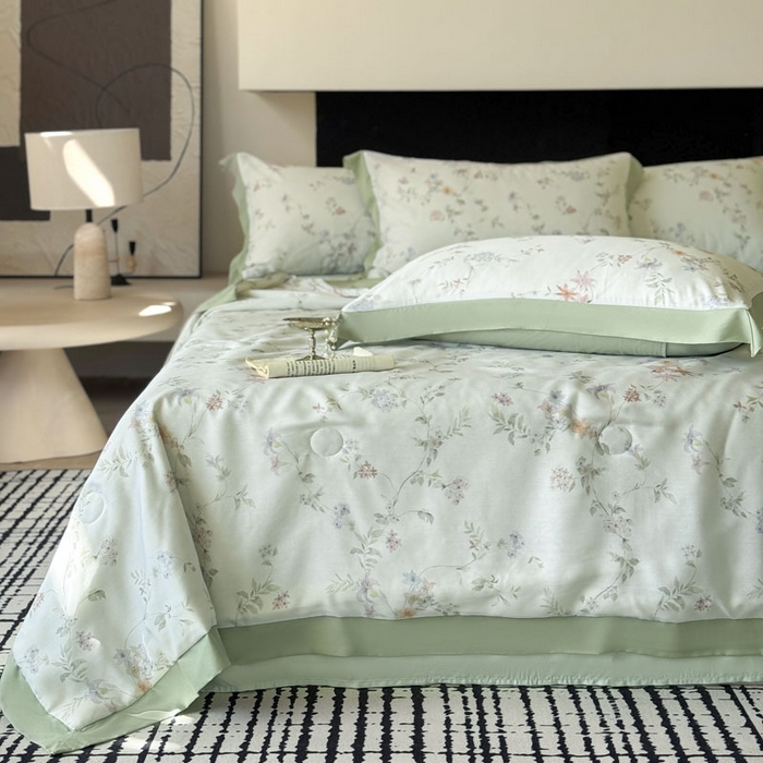 91家纺网 家纺一手货源 找家纺 莱豫家纺 2026新款莱赛尔天丝夏被四件套 花野初柠绿