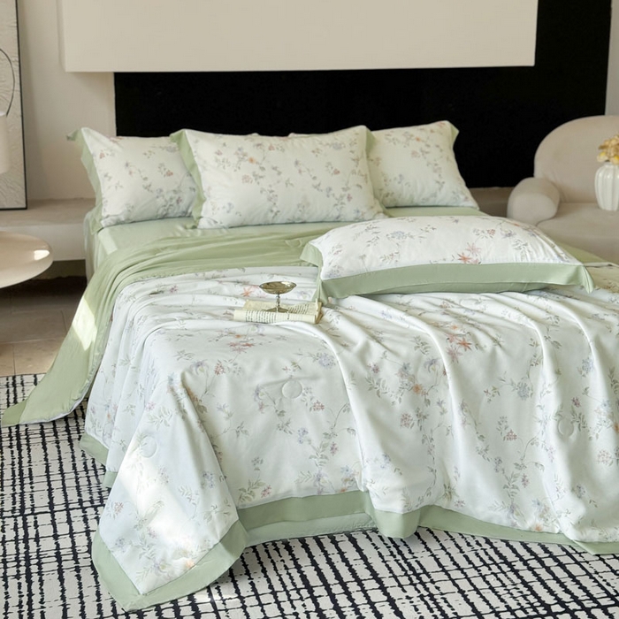 91家纺网 家纺一手货源 找家纺 莱豫家纺 2026新款莱赛尔天丝夏被四件套 花野初柠绿