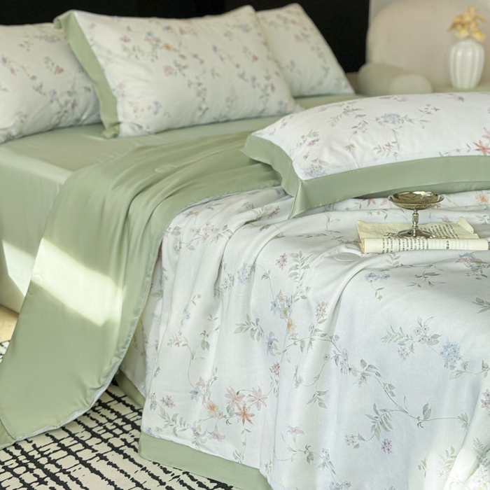 91家纺网 家纺一手货源 找家纺 莱豫家纺 2026新款莱赛尔天丝夏被四件套 花野初柠绿