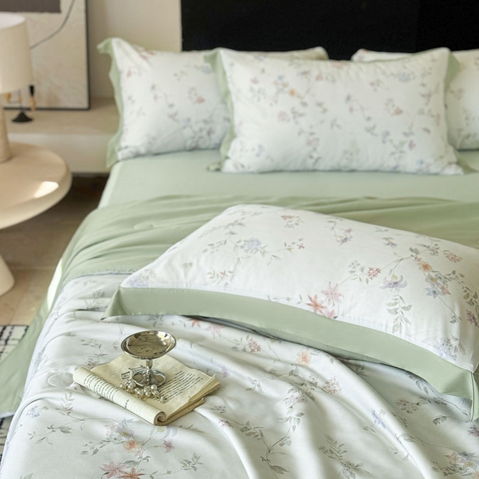 91家纺网 家纺一手货源 找家纺 莱豫家纺 2026新款莱赛尔天丝夏被四件套 花野初柠绿