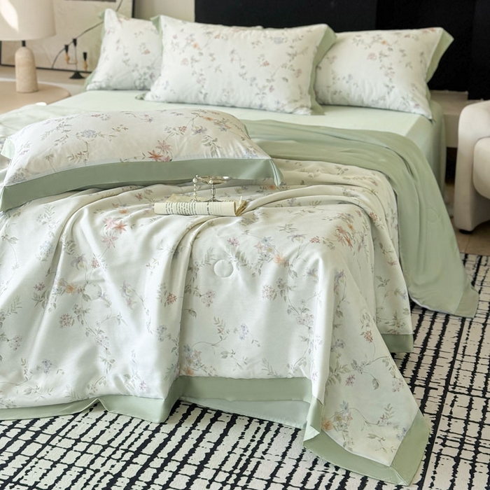 91家纺网 家纺一手货源 找家纺 莱豫家纺 2026新款莱赛尔天丝夏被四件套 花野初柠绿