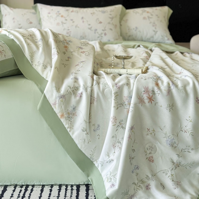 91家纺网 家纺一手货源 找家纺 莱豫家纺 2026新款莱赛尔天丝夏被四件套 花野初柠绿