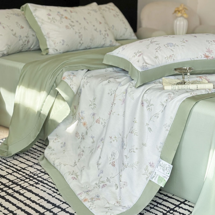 91家纺网 家纺一手货源 找家纺 莱豫家纺 2026新款莱赛尔天丝夏被四件套 花野初柠绿