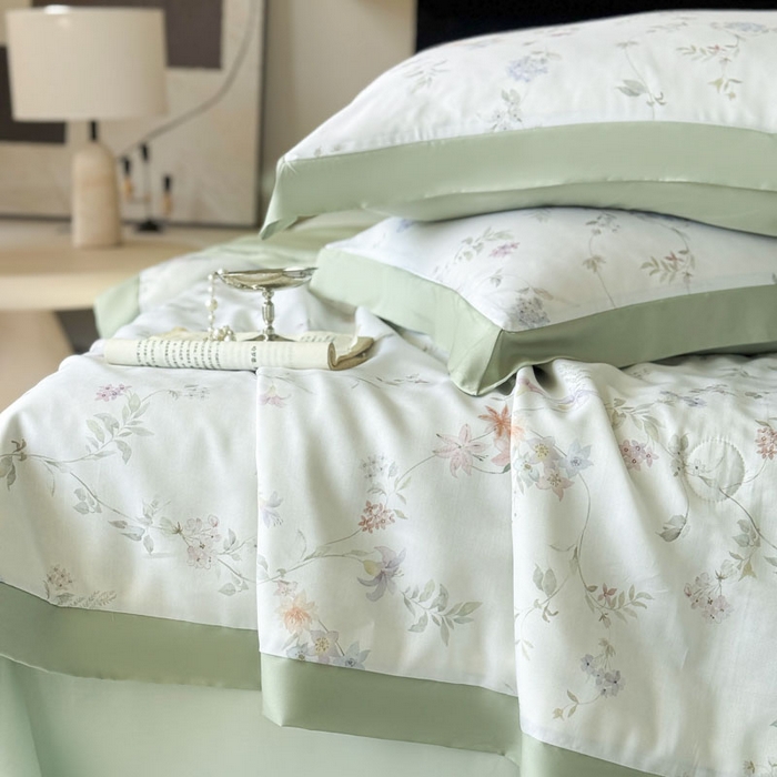 91家纺网 家纺一手货源 找家纺 莱豫家纺 2026新款莱赛尔天丝夏被四件套 花野初柠绿