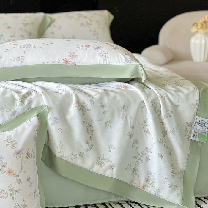 91家纺网 家纺一手货源 找家纺 莱豫家纺 2026新款莱赛尔天丝夏被四件套 花野初柠绿