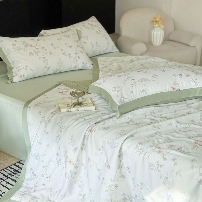 91家纺网 家纺一手货源 找家纺 莱豫家纺 2026新款莱赛尔天丝夏被四件套 花野初柠绿
