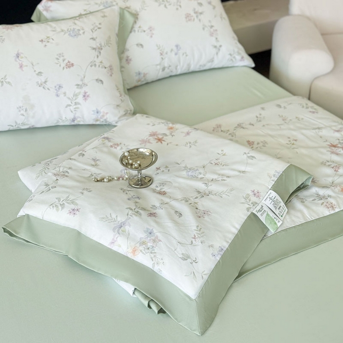 91家纺网 家纺一手货源 找家纺 莱豫家纺 2026新款莱赛尔天丝夏被四件套 花野初柠绿