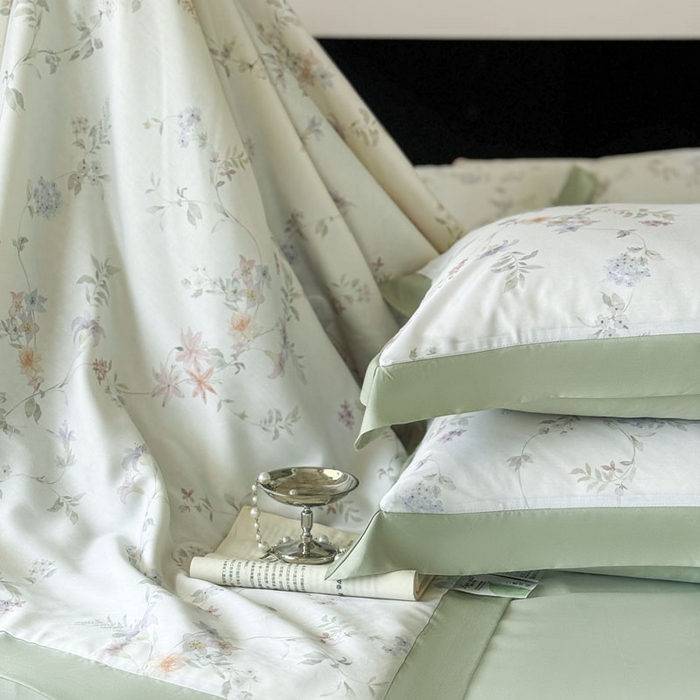 91家纺网 家纺一手货源 找家纺 莱豫家纺 2026新款莱赛尔天丝夏被四件套 花野初柠绿