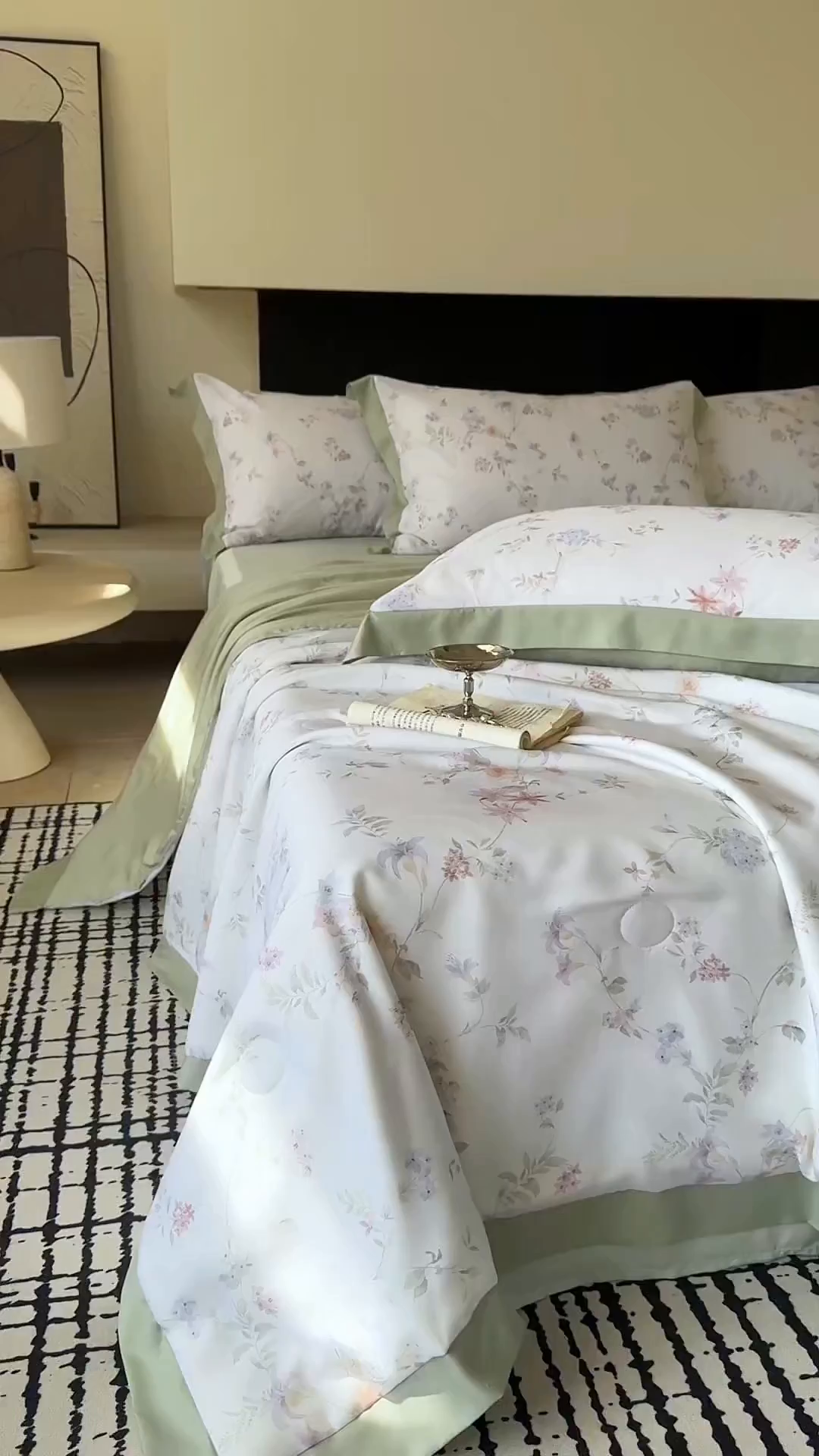 91家纺网 家纺一手货源 找家纺 莱豫家纺 2026新款莱赛尔天丝夏被四件套 花野初柠绿