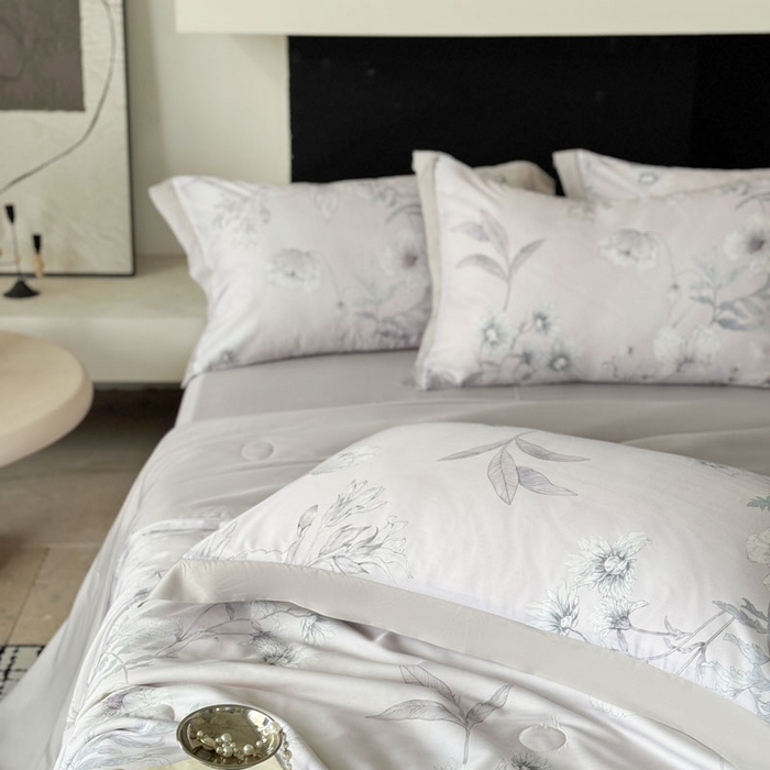 91家纺网 家纺一手货源 找家纺 莱豫家纺 2026新款莱赛尔天丝夏被四件套 简悠集粉灰