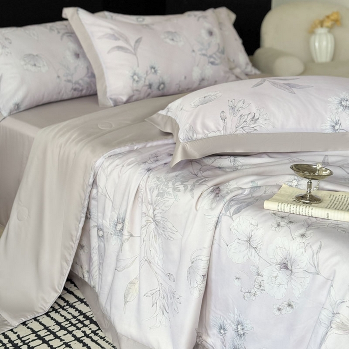 91家纺网 家纺一手货源 找家纺 莱豫家纺 2026新款莱赛尔天丝夏被四件套 简悠集粉灰