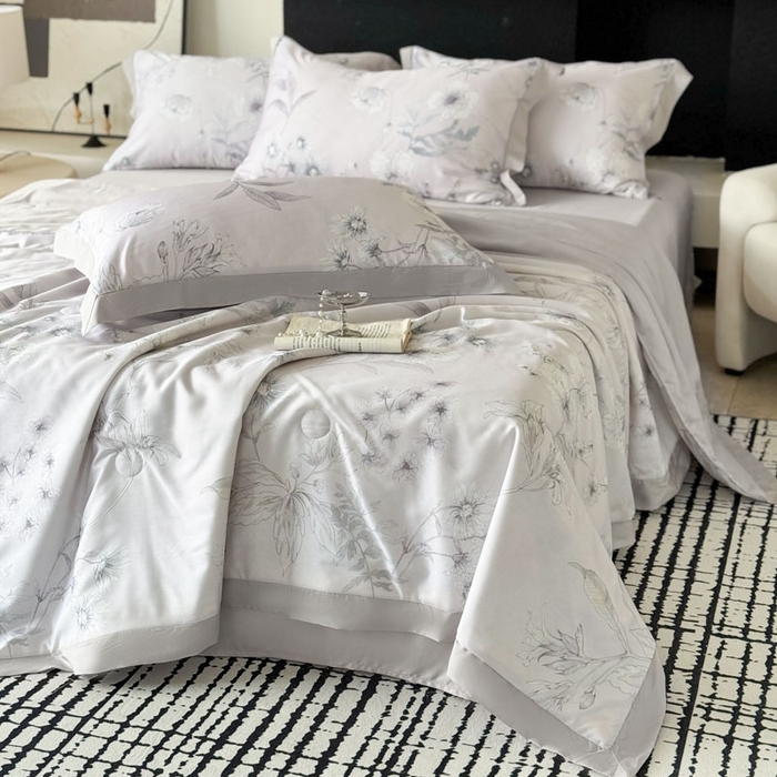 91家纺网 家纺一手货源 找家纺 莱豫家纺 2026新款莱赛尔天丝夏被四件套 简悠集粉灰