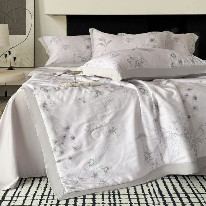 91家纺网 家纺一手货源 找家纺 莱豫家纺 2026新款莱赛尔天丝夏被四件套 简悠集粉灰