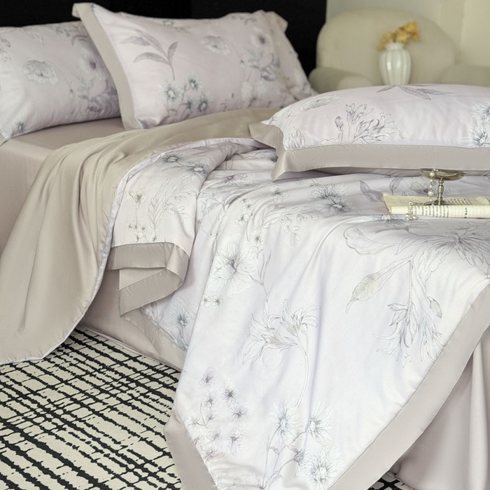 91家纺网 家纺一手货源 找家纺 莱豫家纺 2026新款莱赛尔天丝夏被四件套 简悠集粉灰