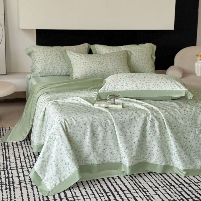 91家纺网 家纺一手货源 找家纺 莱豫家纺 2026新款莱赛尔天丝夏被四件套 沐衫绿