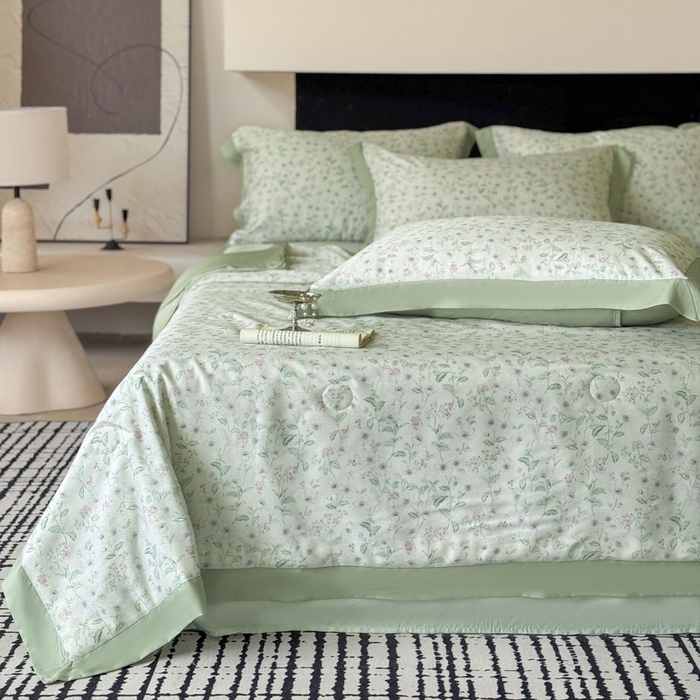 91家纺网 家纺一手货源 找家纺 莱豫家纺 2026新款莱赛尔天丝夏被四件套 沐衫绿