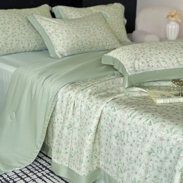 91家纺网 家纺一手货源 找家纺 莱豫家纺 2026新款莱赛尔天丝夏被四件套 沐衫绿