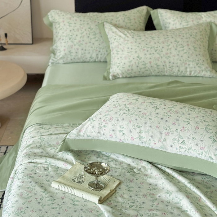 91家纺网 家纺一手货源 找家纺 莱豫家纺 2026新款莱赛尔天丝夏被四件套 沐衫绿