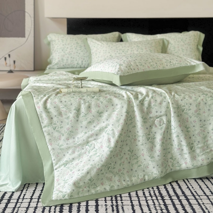 91家纺网 家纺一手货源 找家纺 莱豫家纺 2026新款莱赛尔天丝夏被四件套 沐衫绿