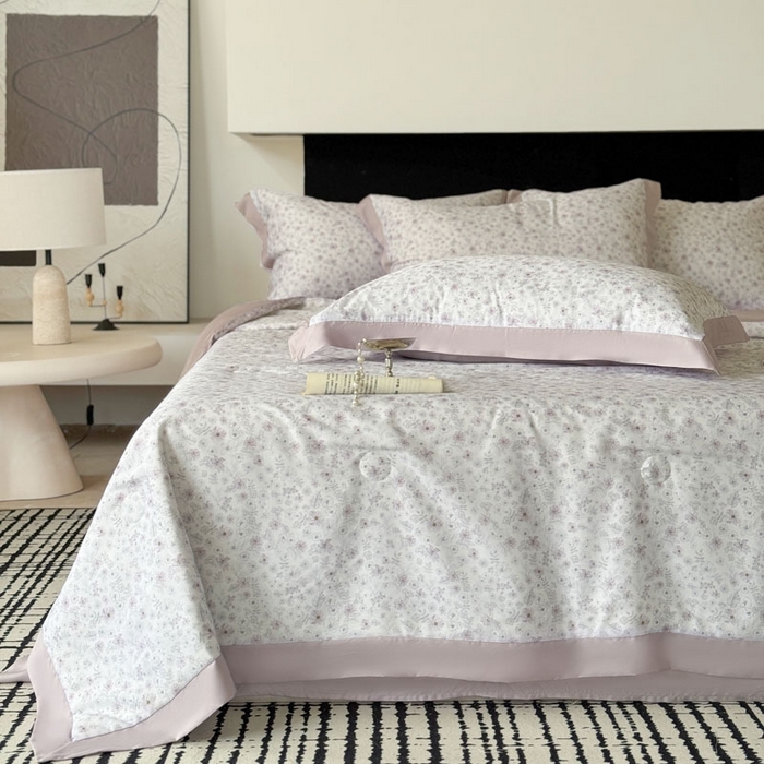 91家纺网 家纺一手货源 找家纺 莱豫家纺 2026新款莱赛尔天丝夏被四件套 浅梦花影粉紫