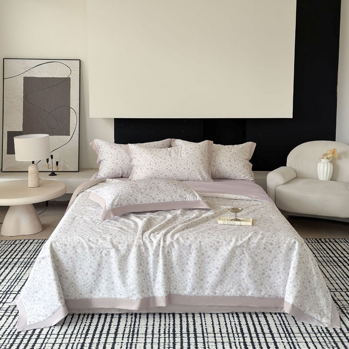 莱豫家纺 2026新款莱赛尔天丝夏被四件套 浅梦花影粉紫