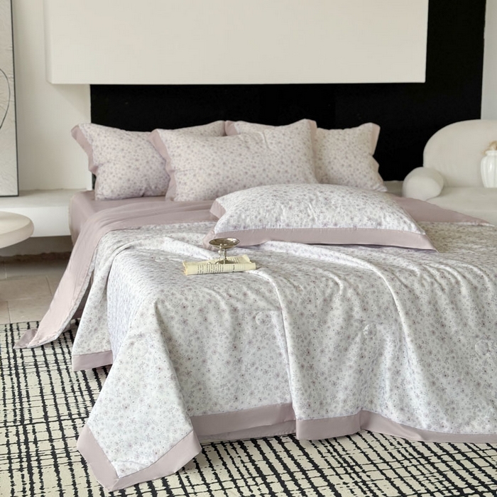 91家纺网 家纺一手货源 找家纺 莱豫家纺 2026新款莱赛尔天丝夏被四件套 浅梦花影粉紫