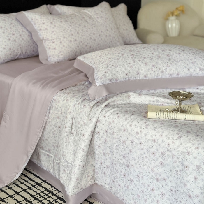 91家纺网 家纺一手货源 找家纺 莱豫家纺 2026新款莱赛尔天丝夏被四件套 浅梦花影粉紫