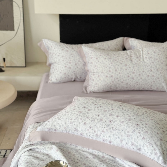 91家纺网 家纺一手货源 找家纺 莱豫家纺 2026新款莱赛尔天丝夏被四件套 浅梦花影粉紫