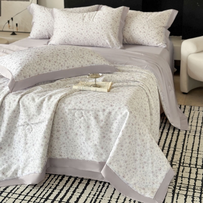 91家纺网 家纺一手货源 找家纺 莱豫家纺 2026新款莱赛尔天丝夏被四件套 浅梦花影粉紫