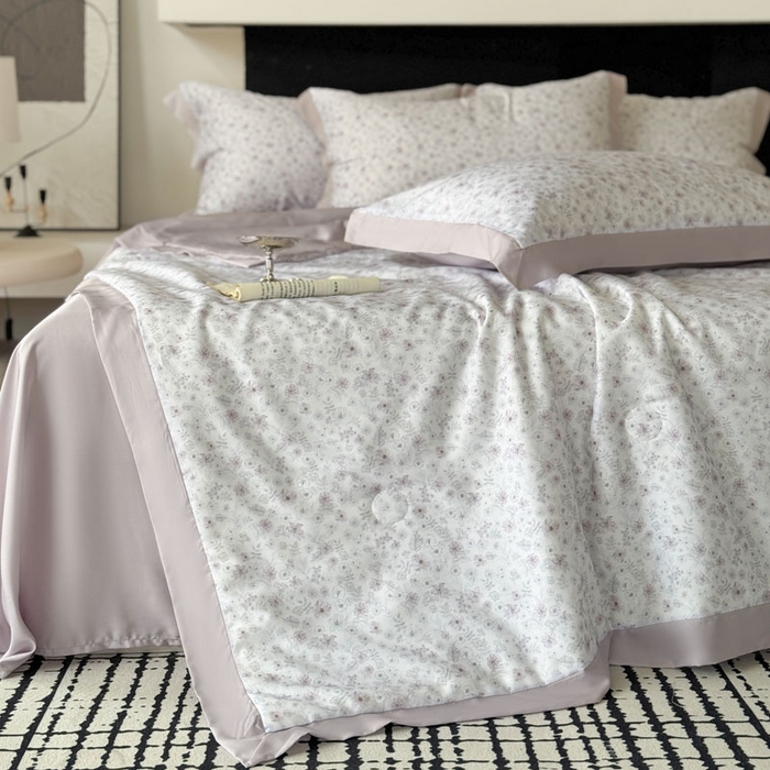 91家纺网 家纺一手货源 找家纺 莱豫家纺 2026新款莱赛尔天丝夏被四件套 浅梦花影粉紫