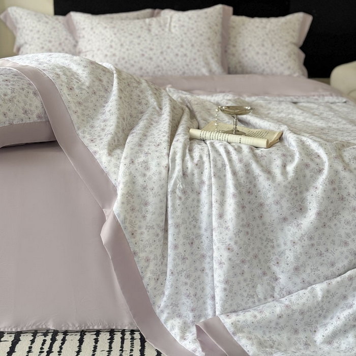 91家纺网 家纺一手货源 找家纺 莱豫家纺 2026新款莱赛尔天丝夏被四件套 浅梦花影粉紫